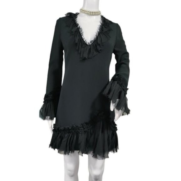NWT Alexis Bell Sleeve Ruffle Trim A-Line Mini Dress Black Women's Size XS - Picture 2 of 16